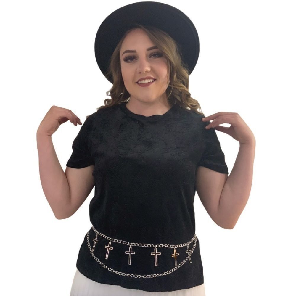Black Short Sleeve Velvet Floral Burnout Top NWT